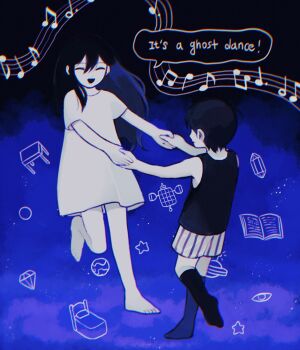Rule 34 | 1boy, 1girl, antenna hair, bare arms, bare shoulders, barefoot, black background, black hair, black shorts, black socks, black tank top, brother and sister, closed eyes, collared shirt, colored skin, commentary, dancing, dress, english text, facing another, gradient background, hair between eyes, highres, holding hands, kneehighs, long hair, mari (omori), mari (spirit) (omori), multicolored shorts, musical note, musical staff, omo taru, omori, omori (omori), purple background, shirt, short hair, short sleeves, shorts, siblings, simple background, skirt, smile, socks, speech bubble, standing, standing on one leg, star (symbol), striped clothes, striped shorts, symbol-only commentary, tank top, two-tone shorts, vertical-striped clothes, vertical-striped shorts, white dress, white shorts, white skin
