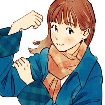 1girl black_eyes blue_coat brown_hair brown_scarf closed_mouth coat commentary_request cropped flexing gomafuki hand_on_own_arm light_blush long_hair looking_at_viewer original parted_hair plaid_clothes plaid_coat scarf simple_background smile solo upper_body white_background wispy_bangs