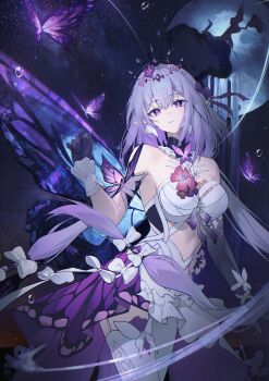 Rule 34 | 1girl, absurdres, asymmetrical gloves, asymmetrical legwear, bare shoulders, black tiara, bow, breasts, bright pupils, bug, butterfly, castorice (honkai: star rail), dress, elbow gloves, flower, garter straps, gloves, hair bow, hand up, highres, honkai: star rail, honkai (series), insect, large breasts, legwear cutout, long hair, pantyhose, parted lips, purple butterfly, purple eyes, purple flower, purple gloves, purple hair, sasa (sasa ekakiman), single garter strap, standing, stomach, thighhighs, tiara, uneven gloves, uneven legwear, very long hair, white bow, white dress, white garter straps, white pantyhose, white pupils, white thighhighs