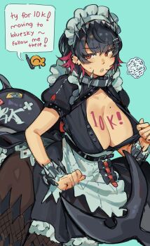 1girl apron artist_self-insert black_hair breasts buttons camiyaki dress ellen_joe english_text fins fish_tail flashing hairband highres large_breasts leaning_forward long_tail looking_at_viewer maid maid_headdress metal_hairband mole mole_on_breast mole_under_eye multicolored_hair multiple_moles pantyhose red_eyes red_hair shark_tail short_hair simple_background spiked_headband squiggle tail two-tone_hair unbuttoned waist_apron zenless_zone_zero