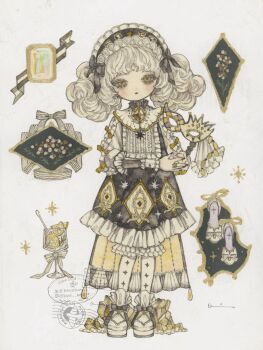 Rule 34 | 1girl, acrylic paint (medium), blunt bangs, blush, bow, brooch, choker, closed mouth, cocktail, cup, curly hair, dress, drinking glass, expressionless, floral print, food, frilled cuffs, frilled shirt collar, frills, fruit, full body, hair bow, hair ribbon, headband, highres, instagram logo, instagram username, jewelry, karintoun, lemon, lolita fashion, long eyelashes, long sleeves, looking at viewer, mask, masquerade mask, original, painting (medium), pale skin, petticoat, platform shoes, postmark, puffy sleeves, ribbon, ribbon shoes, shoes, signature, standing, straight-on, traditional media, twintails, twitter username, twitter x logo, watercolor (medium), watermark, white background