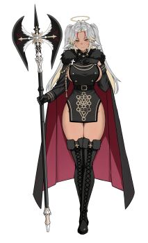 1girl aiguillette ascot axe battle_axe belt black_ascot black_belt black_boots black_cloak black_dress black_gloves blonde_hair boots breasts cloak closed_mouth collared_dress colored_inner_hair commentary commission cross dark-skinned_female dark_skin dress english_commentary evil_rat feathered_wings full_body fur-trimmed_boots fur-trimmed_cloak fur_trim gloves grey_hair halo hand_on_own_chest hands_up head_wings highres holding holding_axe holding_weapon large_breasts long_hair long_sleeves looking_at_viewer multicolored_hair no_panties original red_cloak red_hair short_dress sideboob sidelocks simple_background smile solo standing streaked_hair thigh_boots thighs twintails two-sided_cloak two-sided_fabric weapon white_background wings yellow_eyes yellow_halo