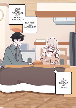 1boy 1girl absurdres bare_shoulders black_hair blue_shirt brown_sweater closed_mouth commentary double-parted_bangs elf english_text glasses grey_hair highres indoors kotatsu long_hair long_sleeves looking_at_another mirui09 original pointy_ears red_eyes shirt short_hair sidelocks speech_bubble sweater table thought_bubble under_kotatsu under_table