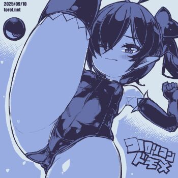 1girl ahoge armpits backbeako_(torotei) backbeard bare_shoulders blue_background blue_theme blush breasts commentary cowboy_shot dated dated_commentary elbow_gloves gegege_no_kitarou gloves hair_over_one_eye hair_ribbon kono_lolicon_domome leg_lift leotard long_hair looking_at_viewer monochrome one_eye_closed original paid_reward_available petite pointy_ears ribbon simple_background small_breasts solo split standing standing_on_one_leg standing_split thighhighs thighs torotei translated twintails variant_set watermark wavy_mouth web_address