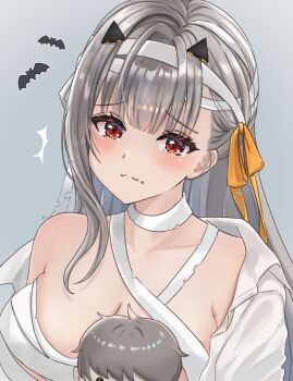 1girl ^^^ blush bow breasts character_doll cleavage closed_mouth collarbone collared_shirt commentary_request doll dress_shirt food food_on_face goddess_of_victory:_nikke grey_background grey_hair hair_bow highres large_breasts long_hair looking_at_viewer modernia_(nikke) mummy_costume off_shoulder open_clothes open_shirt orange_bow red_eyes shirt simple_background solo sunameri_(pixiv3564245) tears upper_body wavy_mouth white_background white_shirt