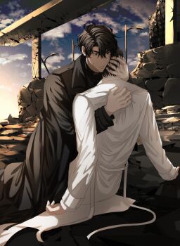 2boys black_coat black_hair black_shirt bridge coat curtained_hair feet_out_of_frame hand_on_another&#039;s_back hand_on_another&#039;s_neck highres hug kim_dokja kneeling lamppost limp_wrist male_focus multiple_boys omniscient_reader&#039;s_viewpoint open_clothes open_coat outdoors qxt7_ft road shirt short_hair street surprised white_coat yoo_joonghyuk