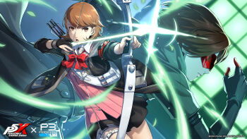 1boy 1girl absurdres archery archery_shooting_glove armband arrow_(projectile) black_coat black_gloves black_jacket black_skirt bow bow_(weapon) bowtie brown_eyes brown_hair cardigan choker coat collared_shirt commentary copyright_name copyright_notice cowboy_shot earrings flipped_hair gekkoukan_high_school_uniform gloves heart heart_choker highres holding holding_arrow holding_bow_(weapon) holding_weapon holster in-franchise_crossover jacket jewelry kamishiro_nagisa loose_bowtie miniskirt official_art open_clothes open_jacket open_mouth parted_lips partially_fingerless_gloves persona persona_3 persona_3_reload persona_5 persona_5:_the_phantom_x pink_cardigan pleated_skirt profile quiver red-tinted_eyewear red_armband red_bow red_bowtie ribbed_cardigan s.e.e.s school_uniform shirt short_hair single_glove skirt stud_earrings swept_bangs takeba_yukari thigh_holster tinted_eyewear upper_body weapon werkbau white_choker white_shirt wonder_(p5x)