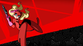 1girl arm_above_head atlus black_background blonde_hair blue_eyes bodysuit boots breasts cleavage commentary english_commentary floating_hair full-length_zipper full_body gloves gun hair_floating_upwards high_heel_boots high_heels highres holding holding_gun holding_weapon long_hair mask mask_on_head official_art open_mouth oribe_hanako panther_(persona_5) panther_tail parted_lips persona persona_5 persona_5_tactica pink_gloves red_background red_bodysuit red_boots rubber_gloves second-party_source small_breasts solo star_(symbol) star_symbol_background submachine_gun tail takamaki_anne twintails weapon zipper