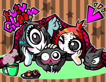 2girls 40_percent_vol bat_(animal) cat cookie copyright_name cyclops doom_kitty food freckles hair_ornament hair_ribbon iris_(ruby_gloom) monster_girl multiple_girls one-eyed red_hair ribbon ruby_gloom ruby_gloom_(character) scaredy_bat sweatdrop