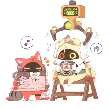 !? alice_thymefield animal_ears bangboo_(zenless_zone_zero) black_sailor_collar bow bowtie closed_eyes collared_shirt commentary_request hair_bow heterochromia long_sleeves machine musical_note no_humans notice_lines pink_sweater rabbit_ears rebecca_(keinelove) red_eyes sailor_collar shirt simple_background sitting spoken_interrobang spoken_musical_note sweater ukinami_yuzuha white_background white_bow white_bowtie white_shirt yellow_eyes zenless_zone_zero