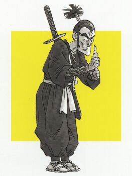 Rule 34 | 1boy, border, cheekbones, dougi, dragon ball, dragon ball (classic), fishnet sleeves, fishnet top, fishnets, frown, full body, greyscale with colored background, hair pulled back, highres, japanese clothes, katana, kuji-in, male focus, murasaki (dragon ball), ninja, official art, scan, sideburns, solo, sword, sword on back, tabi, third-party source, toriyama akira, weapon, weapon on back, white border, widow's peak, yellow background