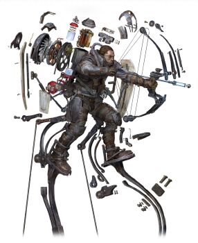 1boy absurdres arrow_(projectile) backpack bag bow_(weapon) compound_bow cross-section dishonored exoskeleton highres holding holding_arrow holding_bow_(weapon) holding_weapon mecha robot solo walker_(robot) weapon whaleoil white_background
