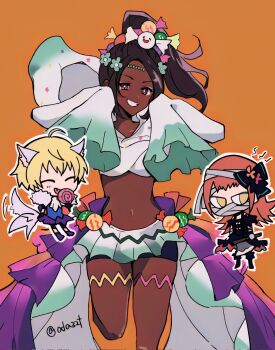 3girls ahoge animal_ears ascot axe bandage_on_face bandages black_boots black_choker black_dress blonde_hair blue_shirt boots breasts brown_hair candy candy_hair_ornament choker closed_eyes crop_top dark-skinned_female dark_skin dress fire_emblem fire_emblem_engage fire_emblem_heroes food food-themed_hair_ornament fur_sleeves fur_trim ghost_costume ghost_hair_ornament gloves grin hair_ornament halloween halloween_costume highres holding holding_axe holding_candy holding_food holding_lollipop lollipop long_hair long_sleeves looking_at_viewer medium_breasts merrin_(fire_emblem) midriff multiple_girls navel nintendo oda32t official_alternate_costume open_mouth orange_hair panette_(fire_emblem) ponytail purple_skirt shirt short_hair skirt sleeves_past_fingers sleeves_past_wrists smile solo_focus star-shaped_pupils star_(symbol) stomach symbol-shaped_pupils tail thighs timerra_(fire_emblem) timerra_(halloween)_(fire_emblem) very_dark_skin white_ascot wolf wolf_ears wolf_tail yellow_eyes