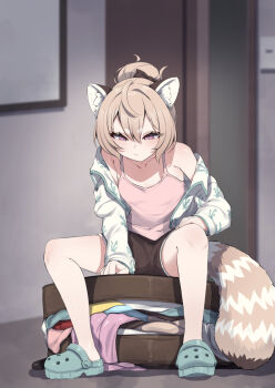 1girl animal_ears black_bow bow brown_hair brown_shorts closed_mouth collarbone crocs hair_between_eyes hair_bow hand_on_own_thigh highres komachi_panko long_sleeves phase_connect pink_eyes pink_tank_top red_panda_ears red_panda_girl red_panda_tail shadow short_shorts shorts sitting solo tank_top valefal_coneri virtual_youtuber