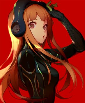 10s 1girl ask_(askzy) bodysuit brown_eyes brown_hair duplicate eyelashes female_focus goggles goggles_on_head o3o oracle_(persona_5) persona persona_5 red_background sakura_futaba simple_background solo