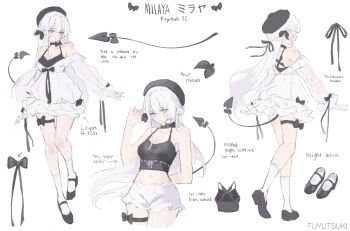 1girl arm_behind_back artist_name bare_arms bare_shoulders black_bow black_camisole black_hat black_ribbon black_shoes bow breasts camisole character_name cleavage closed_mouth commentary crop_top cropped_legs demon_tail detached_sleeves dress english_text frilled_dress frills from_behind full_body fuyutsuki11 grey_eyes hair_between_eyes hand_up hat highres large_breasts leg_ribbon long_sleeves looking_at_viewer midriff milaya_(fuyutsuki11) multiple_views navel neck_ribbon original reference_sheet ribbon see-through_clothes see-through_sleeves shoes short_dress short_shorts shorts simple_background socks tail thigh_ribbon white_background white_dress white_hair white_shorts white_socks