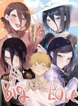 1boy 1girl absurdres black_choker black_hair blonde_hair chainsaw_man choker commentary_request denji_(chainsaw_man) green_eyes grenade_pin hair_between_eyes hair_bun hair_ornament hairclip hat heart heart_hands highres japanese_clothes kimono multiple_views niho12261 pink_sweater purple_hair purple_kimono reze_(chainsaw_man) shirt short_hair sun_hat sweater tongue tongue_out v white_shirt