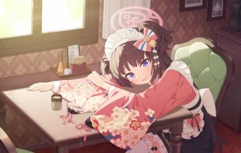 1girl apron arms_on_table bell blue_archive blush bow brown_hair chair cup curtains floral_print frills from_above game_asset hair_bow hair_ornament halo highres indoors japanese_clothes kanzashi kimono kokosando leaning_forward long_hair looking_at_viewer maid maid_headdress non-web_source obi official_art open_mouth picture_frame pink_halo pink_kimono purple_eyes ribbon sash shizuko_(blue_archive) sitting smile table wa_maid window yunomi