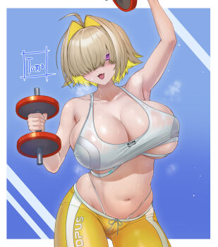 1girl absurdres ahoge arm_up barbell blonde_hair blush breasts cleavage elegg_(nikke) exercising fang goddess_of_victory:_nikke hair_intakes hair_over_eyes highres large_breasts long_bangs looking_at_viewer multicolored_hair navel open_mouth pants purple_eyes shiny_skin short_hair skindentation smile solo sports_bra sportswear sweat thong tomo_eokaiteru two-tone_hair underboob weightlifting weights white_sports_bra yoga_pants