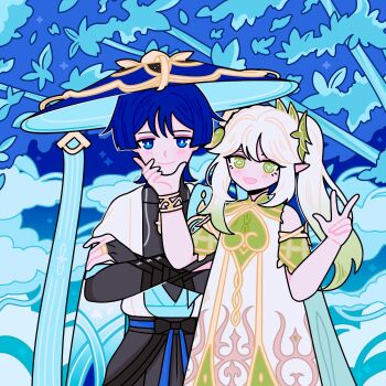 1boy 1girl absurdres alternate_height arctic_foxy armlet armor asymmetrical_sidelocks belt black_belt black_bodysuit black_bow black_bridal_gauntlets black_shorts blue_background blue_eyes blue_hair blue_hat blue_kimono blue_sash blue_sleeves blunt_ends blush bodysuit bow bridal_gauntlets bright_pupils cape closed_mouth colored_tips commentary covered_collarbone cross-shaped_pupils detached_sleeves dress english_commentary furisode genshin_impact gold gold_ring gold_trim green_cape green_eyes green_hair green_sleeves hair_ornament half_crown_braid hand_on_another's_arm hand_on_another's_chin hands_up hat highres japanese_armor japanese_clothes jewelry jingasa juban kimono kote kurokote layered_sleeves leaf leaf_hair_ornament long_hair looking_at_viewer middle_ring multicolored_hair nahida_(genshin_impact) open_clothes open_kimono open_mouth pointy_ears sash scaramouche_(genshin_impact) short_sleeves shorts side_ponytail sidelocks smile symbol-shaped_pupils w wanderer_(genshin_impact) white_dress white_hair white_kimono white_pupils white_sleeves wispy_bangs