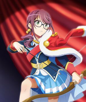 1girl arrow_(projectile) belt black-framed_eyewear blue_jacket blue_skirt bow_(weapon) curtains fur-trimmed_jacket fur_trim game_cg glasses green_eyes holding holding_arrow holding_bow_(weapon) holding_weapon hoshimi_junna jacket jacket_on_shoulders knee_up long_sleeves looking_to_the_side low_side_ponytail medium_hair official_art parted_lips purple_hair red_jacket red_sash sash shirt shoujo_kageki_revue_starlight sidelocks skirt solo stage_curtains star_(symbol) teeth third-party_source toji_no_miko toji_no_miko:_kizamishi_issen_no_tomoshibi uneven_footing weapon white_shirt yellow_belt