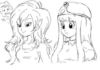 2girls adventure_time bad_drawr_id bad_id bite_mark dragon_ball dragon_quest drawr finn_the_human greyscale gyosone long_hair marceline_abadeer monochrome multiple_girls oekaki parody pointy_ears princess_bonnibel_bubblegum sketch smile style_parody tiara toriyama_akira_(style) vampire