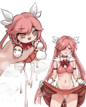 1boy belt_collar blush borrowed_character bow bra bulge clothes_lift collar commentary cum cum_on_body cum_on_legs english_commentary gloves highres liliacineris male_focus navel one_eye_covered original panties panty_bulge pink_eyes pink_hair red_skirt skirt skirt_lift stomach stuffed_toy tadakuni_(alterkyon) trap underwear white_background white_gloves white_panties