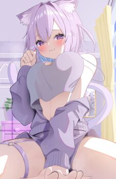 1girl :3 absurdres animal_ear_fluff animal_ears bedroom between_legs blush breasts camisole cat_ears cat_girl cat_tail commentary_request fingernails hand_between_legs highres hololive jacket large_breasts looking_at_viewer nail_polish nekomata_okayu nekomata_okayu_(membership) official_alternate_costume purple_eyes purple_hair purple_jacket purple_nails solo stomach tail thigh_strap virtual_youtuber visitofsiki