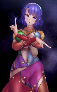 1girl blue_eyes blue_hair breasts cape cloak cowboy_shot hairband highres large_breasts looking_at_viewer midriff multicolored_clothes multicolored_hairband navel night patchwork_clothes pointing rainbow_gradient short_hair shounen_(hogehoge) sky sky_print stomach tenkyuu_chimata touhou unzipped yellow_bag zipper