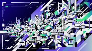 abstract ambiguous_gender black_pants from_side hebitsukai highres hood hood_up limited_palette original pants short_sleeves solo standing triangle white_footwear wide_shot