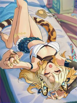 1girl absurdres animal_ears biker_clothes breasts closed_eyes commentary_request earrings genshin_impact geo_symbol_(genshin_impact) gold_nails high-waist_shorts highres jaguar_ears jaguar_girl jaguar_tail jewelry leopard_ears leopard_tail long_hair medallion nmaywo shorts sun_earrings tail vision_(genshin_impact) waking_up xilonen_(genshin_impact) yawning