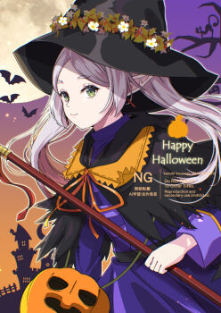Rule 34 | 1girl, artist name, bat (animal), black capelet, black hat, capelet, cat, earrings, elf, frieren, full moon, green eyes, grey hair, halloween bucket, halloween costume, happy halloween, hat, highres, holding, holding staff, jacket, jewelry, kizuka2020, light smile, long hair, moon, parted bangs, pointy ears, purple jacket, purple shirt, purple skirt, shirt, skirt, solo, sousou no frieren, staff, upper body, witch, witch hat