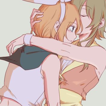 Rule 34 | 2girls, bare shoulders, black sailor collar, blonde hair, blue eyes, bow, closed eyes, commentary request, cropped shirt, cup, green hair, green vest, grey background, gumi, hair bow, hairband, highres, kagamine rin, kiss, kissing forehead, medium hair, mug, multiple girls, parted lips, sailor collar, shirt, short hair, simple background, sleeveless, sleeveless shirt, tearing up, vest, vocaloid, white bow, white hairband, white shirt, wounds404, yellow shirt, yuri