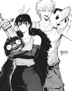 1boy 1girl artist_name black_hair breasts chainsaw_man denji_(chainsaw_man) greyscale hair_between_eyes hetero highres large_breasts long_hair mitaka_asa monochrome open_mouth pochita_(chainsaw_man) shirt short_hair signature simple_background teeth twitter_username victorbalgitt yoru_(chainsaw_man)