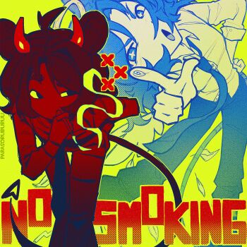 Rule 34 | + +, 1girl, ahoge, animal ears, blue eyes, blue hair, blue necktie, cigarette, commentary, demon horns, demon tail, english commentary, english text, hand on own hip, highres, holding, holding cigarette, horns, index finger raised, leaning forward, looking at viewer, mouse ears, mouse girl, mouse tail, necktie, open mouth, original, pants, parasoru buruu, short hair, smoking, solo, tail, tongue