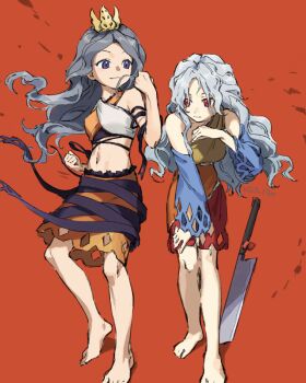 2girls bare_shoulders barefoot blue_sleeves breasts chirizuka_ubame clenched_hands clothing_cutout commentary_request criss-cross_halter crop_top crown detached_sleeves diamond_cutout dress expressionless full_body gold_crown grey_hair halterneck hand_on_own_chest hand_on_own_thigh hashitsuki_nata highres kaigen_1025 leaning_forward long_hair long_sleeves looking_at_another medium_breasts midriff multicolored_dress multiple_girls nata_(tool) orange_background orange_dress orange_skirt parted_bangs purple_eyes purple_ribbon red_dress red_eyes ribbon sakata_nemuno shirt single_strap skirt smile species_connection standing torn_ribbon touhou wavy_hair white_hair yellow_dress yellow_shirt