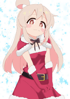 1girl absurdres ahoge black_bow black_bowtie blush blush_stickers bow bowtie brown_eyes capelet christmas colored_inner_hair commentary_request double-parted_bangs dress elbow_gloves fur-trimmed_capelet fur-trimmed_dress fur-trimmed_gloves fur_trim gloves highres long_hair looking_at_viewer multicolored_hair onii-chan_wa_oshimai! own_hands_together oyama_mahiro pink_hair red_capelet red_dress red_gloves santa_costume santa_dress sidelocks sleeveless sleeveless_dress smile snowflake_background snowflakes solo split_mouth tareme two-tone_hair v_arms wall228090611