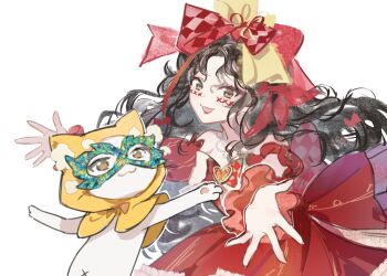 1girl :3 animal argyle_bow back_bow bare_shoulders bead_necklace beads black_hair bow bowtie brooch brown_eyes cat cat_princess chinese_commentary cloak clothed_animal collarbone commentary_request cowboy_shot crimson_rhapsody_(infinity_nikki) dancing detached_sleeves dress eyeshadow facepaint frilled_sleeves frilled_wrist_cuffs frills green_mask hair_bow hair_ribbon halftone happy heart heart_brooch hime_lolita hood hood_up hooded_cloak infinity_nikki jewelry large_bow lolita_fashion long_dress long_hair looking_at_viewer makeup making-of_available mask masquerade_mask momo_(nikki) multiple_hair_bows navel necklace nikki_(nikki) nikki_(series) open_mouth orange_bow orange_bowtie outstretched_arms outstretched_hand parted_bangs pink_eyeshadow puffy_short_sleeves puffy_sleeves red_bow red_dress red_ribbon red_sleeves red_wrist_cuffs ribbon short_sleeves simple_background smile strapless strapless_dress traditional_bowtie two-tone_bow two-tone_bowtie two-tone_ribbon very_long_hair wavy_hair whiskers white_background white_cat wrist_cuffs yellow_bow yellow_cloak yellow_ribbon