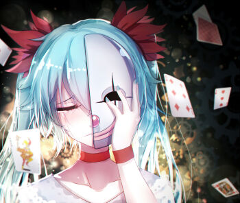 1girl aqua_hair blurry broken_mask card choker closed_eyes clown_mask collarbone depth_of_field diamonds female_focus flipped_hair floating_card flower frown gears gradient_hair hair_between_eyes hair_flower hair_ornament hatsune_miku heart joker_(playing_card) karakuri_pierrot_(vocaloid) king_(playing_card) king_of_hearts lace lens_flare lips long_hair mask md5_mismatch multicolored_hair nail_polish playing_card portrait qys3 raised_eyebrow red_nose smile solo tears twintails vocaloid wristband