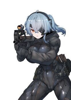 Rule 34 | absurdres, aiming, aiming at viewer, bodysuit, breasts, bullpup, covered navel, grey hair, gun, hair between eyes, headset, highres, holding, holding gun, holding weapon, impossible bodysuit, impossible clothes, impossible leotard, large breasts, leotard, m004 (natsukaze shigure), medium hair, natsukaze shigure, original, p90, skin tight, submachine gun, thighs, weapon