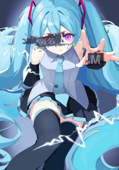 Rule 34 | 1girl, aqua hair, aqua necktie, aqua trim, bare shoulders, black boots, black shirt, black sleeves, boots, censored, censored identity, closed mouth, collared shirt, detached sleeves, double-parted bangs, frown, grey shirt, hair between eyes, hatsune miku, highres, long hair, miniskirt, necktie, one eye covered, pink eyes, samowasa, shirt, sitting, skirt, sleeveless, sleeveless shirt, solo, song name, thigh boots, tie clip, tokumei m (vocaloid), twintails, very long hair, vocaloid