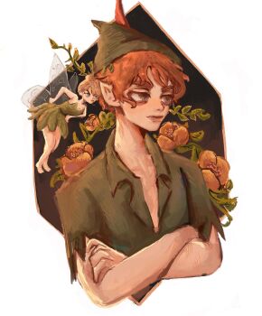 1boy black_footwear blonde_hair blue_eyes boots brown_eyes brown_hair bug dress fairy feathers fly fly_agaric green_dress green_hat green_shirt green_tunic hat hat_feather highres inker_bell_(novel_character) insect leaf mushroom peter_pan_(novel) pointy_ears red_feathers shirt short_hair size_difference sword tinker_bell_(disney) toon_(style) tunic walt_disney&#039;s_peter_pan watermark weapon