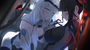 Rule 34 | 2girls, absurdres, averting eyes, black bodysuit, black hair, blue archive, blurry, blurry foreground, blush, bodysuit, breasts, bright pupils, commentary request, depth of field, halo, head-mounted display, highres, himari (blue archive), himari (bodysuit) (blue archive), kazu (kauk3753), large breasts, long hair, looking at another, mole, mole under eye, multicolored halo, multiple girls, official alternate costume, official alternate hairstyle, pointy ears, ponytail, purple eyes, red eyes, ringed eyes, rio (blue archive), rio (bodysuit) (blue archive), smile, two-tone halo, white bodysuit, white hair, white halo, white pupils, yuri