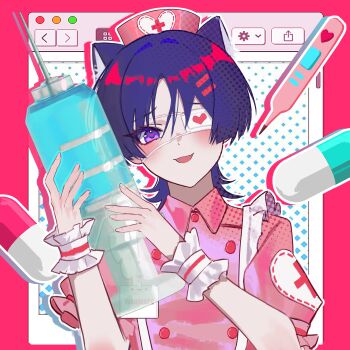 1boy absurdres alternate_costume animal_ears apron blunt_ends blush border cat_boy cat_ears collared_shirt cross crossdressing crossdressing_(mtf) eyelashes eyeliner eyepatch eyeshadow fang fingernails frilled_apron frilled_sleeves frills genshin_impact hair_intakes hands_up hat head_tilt heart heart_print highres holding holding_syringe large_syringe looking_at_viewer makeup male_focus medical_eyepatch miaoyeza233 nurse nurse_cap open_mouth oversized_object pill pink_border pink_shirt pink_sleeves portrait puffy_sleeves purple_eyes red_cross red_eyeliner red_eyeshadow scaramouche_(genshin_impact) shirt skin_fang solo syringe thermometer white_apron wispy_bangs wrist_cuffs