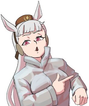 1girl animal_ears artist_request gold_ship_(umamusume) horse_ears horse_girl long_hair non-web_source pointing pointy_ears red_eyes simple_background smug source_request umamusume upper_body white_hair