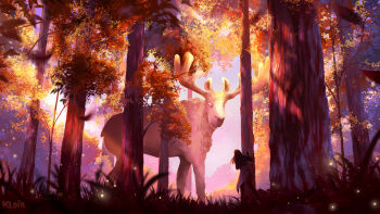 1girl animal commentary day english_commentary facing_away forest from_behind grass highres kloir landscape light_particles moose nature orange_leaf original oversized_animal painterly red_leaf spirit tree yellow_leaf