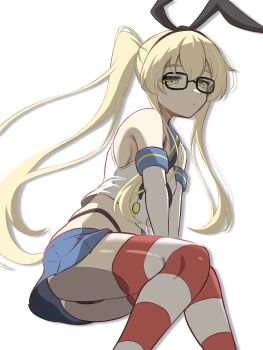 Rule 34 | 1girl, absurdres, alternate hairstyle, batta no tsukudani, bespectacled, black hairband, black neckerchief, black panties, blonde hair, blue sailor collar, blue skirt, commentary request, crop top, elbow gloves, glasses, gloves, hairband, highleg, highleg panties, highres, invisible chair, kantai collection, long hair, microskirt, miniskirt, neckerchief, panties, pleated skirt, sailor collar, shimakaze (kancolle), shirt, sitting, skirt, sleeveless, sleeveless shirt, solo, striped clothes, striped thighhighs, thighhighs, twintails, underwear, white gloves, yellow eyes
