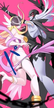 Rule 34 | 2girls, absurdres, angel, angel and devil, angewomon, armpit peek, ass, back, blonde hair, blush, breasts, clenched teeth, covered eyes, demon girl, digimon, digimon (creature), digimon adventure, embarrassed, helmet, helmet over eyes, high heels, highres, ladydevimon, large breasts, leg up, long hair, looking back, multiple girls, purple background, red eyes, shoes, simple background, teeth, tlotro, very long hair, white hair, winged helmet