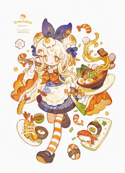 1girl :q absurdres blonde_hair blue_hairband blue_kimono blush_stickers bow_hairband bowl brown_shoes chopsticks closed_mouth commission egg_(food) egg_hair_ornament food food-themed_hair_ornament full_body hair_ornament hairband highres holding holding_chopsticks holding_plate japanese_clothes kamaboko kanae_(cookie) kimono leg_up long_hair long_sleeves looking_at_viewer narutomaki neckerchief noodles orange_eyes orange_neckerchief original plate sample_watermark shoes shrimp simple_background single_thighhigh smile solo standing standing_on_one_leg striped_clothes striped_neckerchief striped_thighhighs sushi thighhighs tongue tongue_out twitter_username watermark white_background wide_sleeves