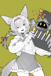 Rule 34 | 1girl, :d, animal ear fluff, animal ears, aran sweater, arknights, bare shoulders, beanstalk (arknights), beanstalk (gift uncompleted) (arknights), bell, bow, box, braid, cable knit, chinese commentary, commentary request, cowboy shot, creature, fingernails, flying sweatdrops, frilled skirt, frills, gift, gift box, green background, hair between eyes, hair bow, hair intakes, hair ornament, hairband, hairclip, highres, holding, holding gift, long hair, long sleeves, nail polish, neck bell, off shoulder, official alternate costume, open mouth, orange eyes, partial commentary, partially colored, piaoliu ping ping ping pingzi, simple background, skirt, smile, solo, standing, star (symbol), sweater, tail, teeth, upper teeth only, yellow background